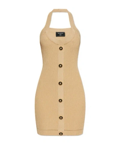 Balmain Ribbed Halterneck Mini Dress In Beige