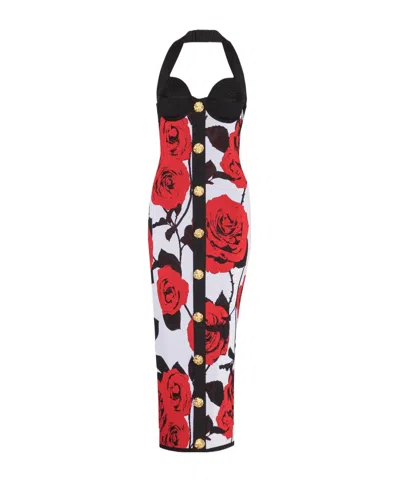 Balmain Floral-jacquard Knit Mididress In Red