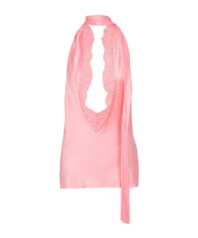 Balmain Backless Fringed Satin Top In Pink