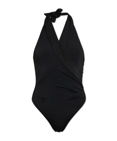 Balmain Glitter-trim Wrap-style Swimsuit In Black