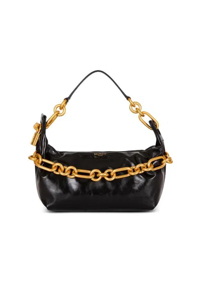 Balmain 'sync' Black Medium Shoulder Bag With Chain-link And Logo Plaque In Leather Woman