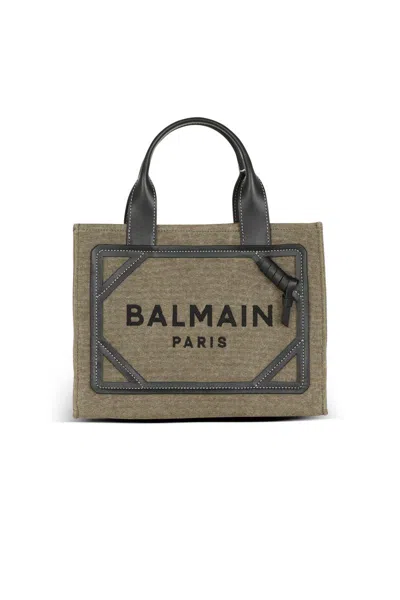 Balmain B-army Medium Canvas Tote Bag In Kaki/noir
