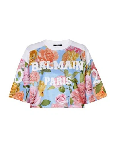 Balmain Rose-print Cropped T-shirt In Fantasy
