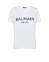 Balmain White Crewneck T-shirt With Logo Print And Golden Buttons In Jersey Woman In White