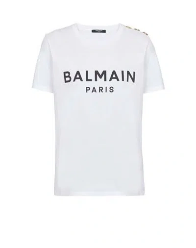 Balmain Women White Crewneck T-shirt With Logo Print And Golden Buttons In Jersey Woman In Gray
