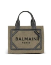 Balmain B-army Small Canvas Shopping Bag With Leather Inserts In Beige