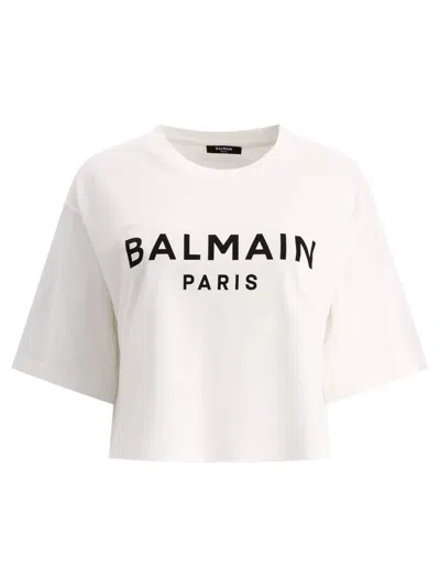 Balmain Cropped Logo Tee T-shirt In Bianco