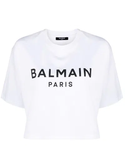 Balmain Cropped T Shirt With Print In White