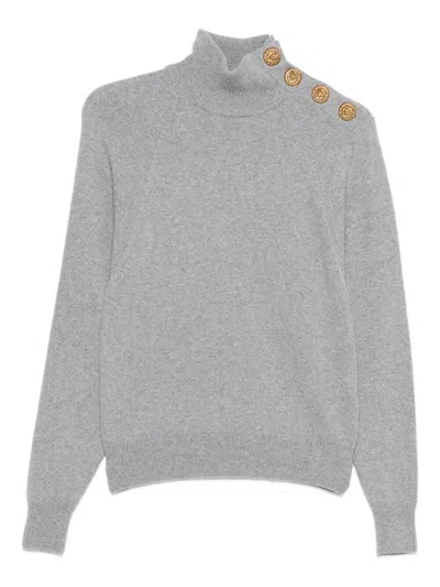 BALMAIN BALMAIN BALMAIN GREY HIGH-NECK WOOL SWEATER WITH GOLD BUTTONS