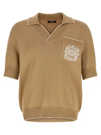 Balmain Stemma Embroidery Polo Shirt In Nude