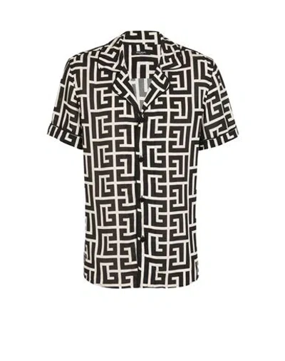 Balmain Monogram Printed Short-sleeved Shirt In Black