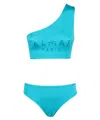 Balmain Logo-print One-shoulder Bikini In Blue