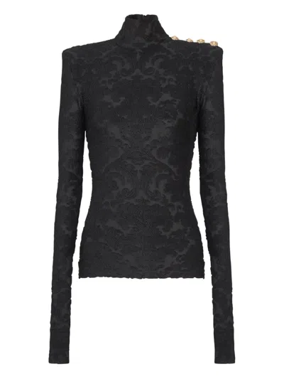 Balmain Baroque-pattern Long-sleeved Top In Black