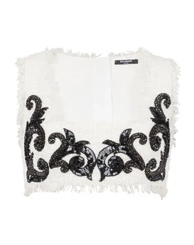 Balmain Baroque Embroidered Tweed Crop Top In White