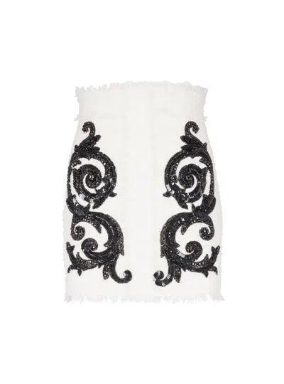 Balmain Baroque Tweed Skirt In White