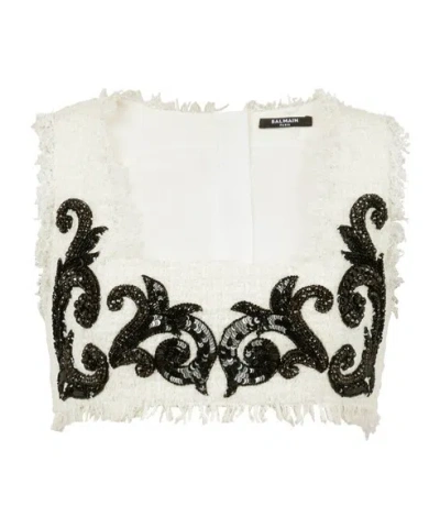 Balmain Baroque Embroidered Tweed Crop Top In White
