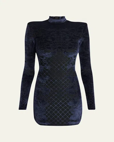Balmain Baroque Velvet Strong-shoulder Long-sleeve Mini Dress In Black