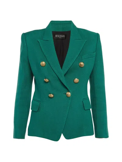 Pre-owned Balmain Basketweave Double-breasted Blazer In Green
