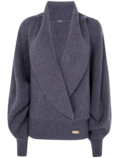Balmain Batwing Open Neck Ribbed Knit Pull In Blue
