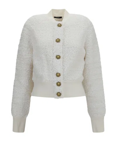Balmain Batwing Sleeves Light Knit Tweed Bomber In White