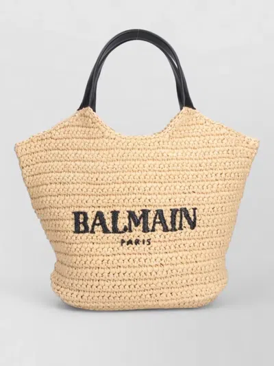 Balmain Beach Bag Shopper Dual Handles Woven Texture In Brown