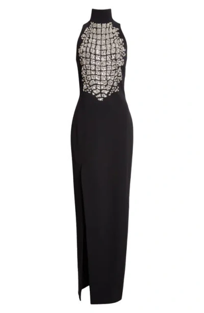 Balmain Beaded Croc Embellished Slit Gown In Black