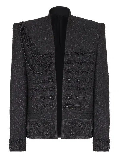 Balmain Beaded-embellished Tweed Jacket In Black