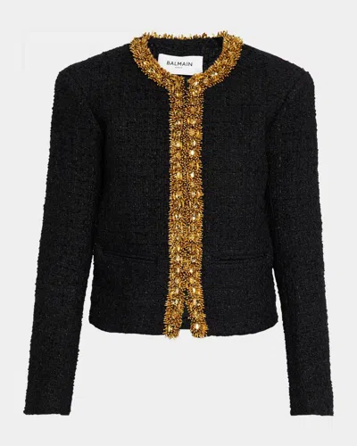 Balmain Beaded Metallic Tweed Collarless Jacket In Noir