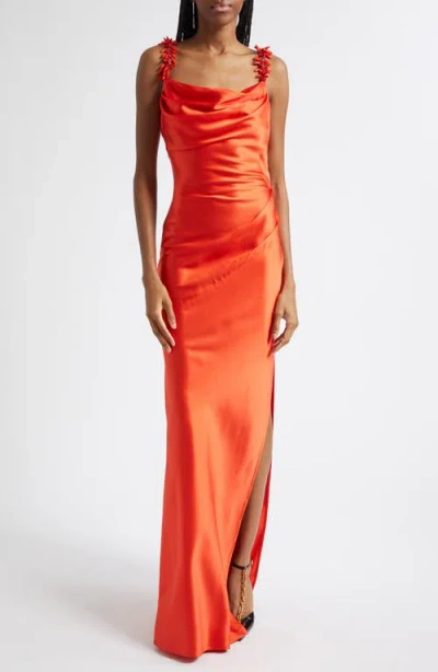 Balmain Beaded Strap Fluid Silk Column Gown In Orange