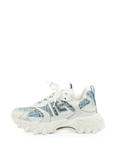 Pre-owned Balmain B-east Denim Sneakers In White