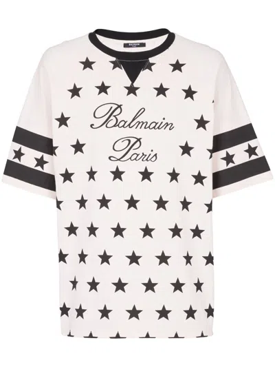 Balmain Beige And Black Cotton Star T-shirt For Men