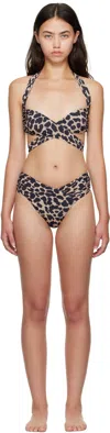 Balmain Beige & Black Leopard Draped Bandeau Bikini In Brown