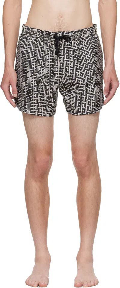 Balmain Beige & Black Monogram Swim Shorts
