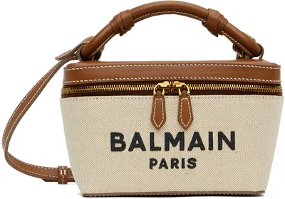 Balmain Structured Canvas Bag With Leather Handle And Logo In Neutral