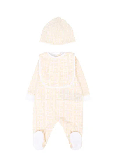 Balmain Beige Babygrow Set For Babykids With Maze In Yellow