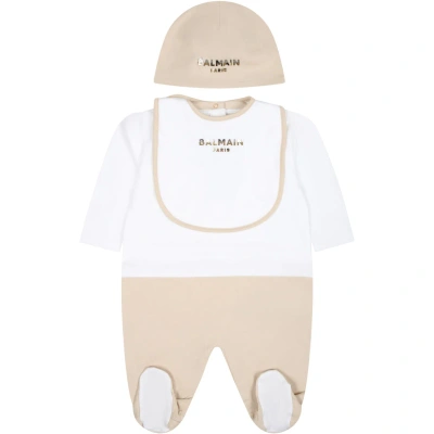 Balmain Beige Babygrown Set For Baby Kids With Logo