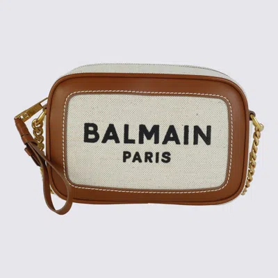 Balmain Beige Canvas And Brown Leather Crossbody Bag In Naturel/marron