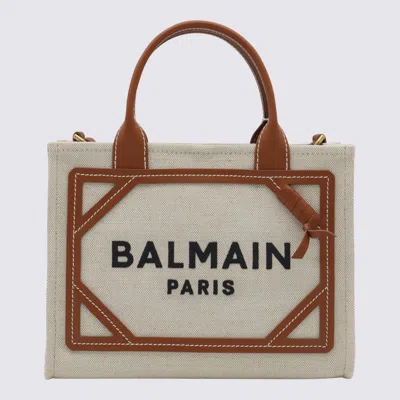 Balmain Beige Canvas And Brown Leather Handle Bag In Natural/brown