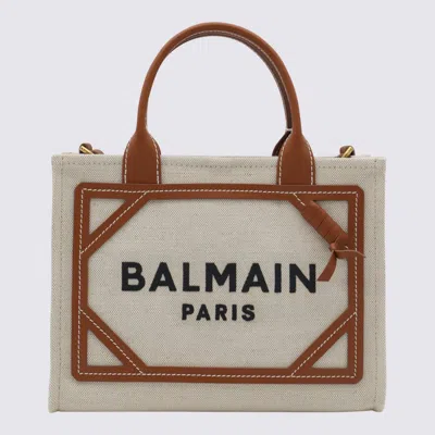 Balmain Beige Canvas And Brown Leather Handle Bag In Naturel/marron