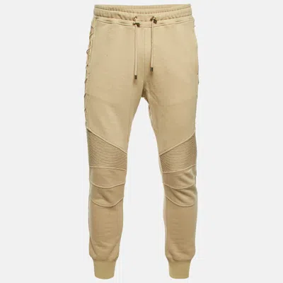 Pre-owned Balmain Beige Cotton Rib Detail Jogger Pants M In Sand