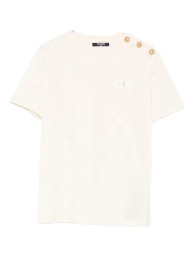 Balmain Kids' Beige Cotton T-shirt With Gold Buttons  In Pink