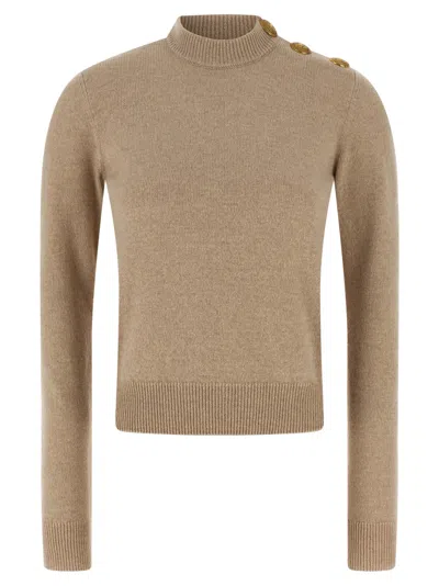 BALMAIN BEIGE ECO-WOOL BUTTON SWEATER