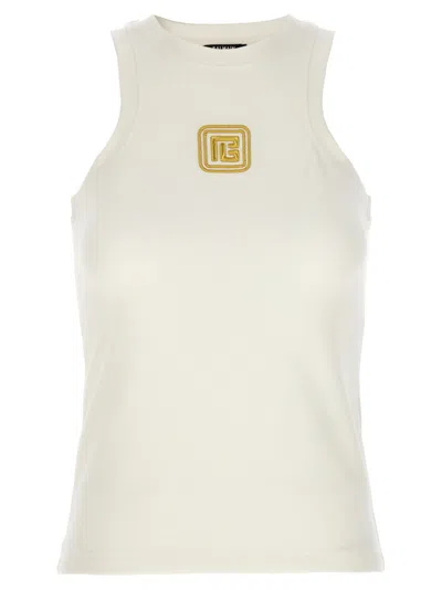 BALMAIN BEIGE EMBROIDERED LOGO COTTON BLEND TOP