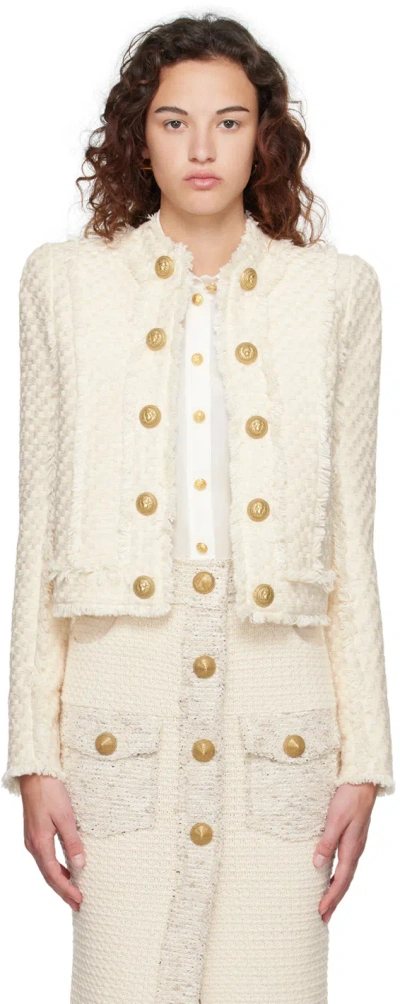 Balmain Beige Fringed Blazer In 0aq Blanc Cassé