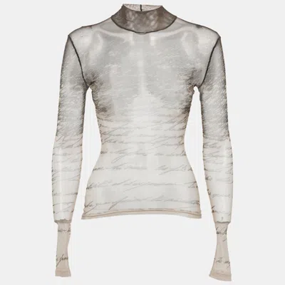 Pre-owned Balmain Beige Love Letter-print Stretch Mesh Sheer Top S In Brown