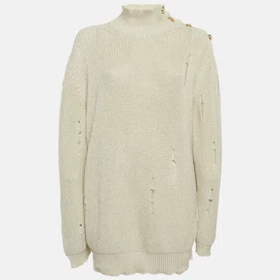 Pre-owned Balmain Beige Metallic Distressed Rib Knit Sweater M In Sand