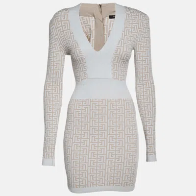 Pre-owned Balmain Beige Monogram Jacquard Lurex Knit Long-sleeve Dress S In Sand