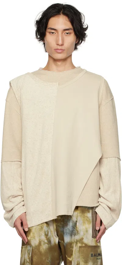 Balmain Beige Paneled Long Sleeve T-shirt In 0kf Ficelle