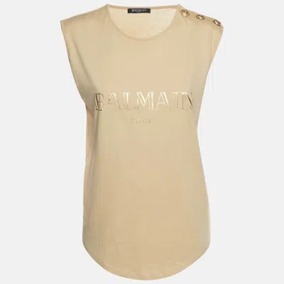 Pre-owned Balmain Beige Printed Cotton Sleeveless Top M In Sand