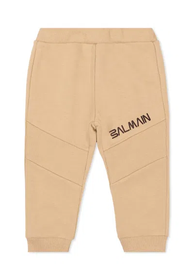 Balmain Beige Sweatpants For Babykids With Logo In Brown